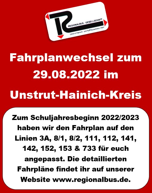 Fahrplanänderungen am 29.08.2022 im Unstrut-Hainich-Kreis 